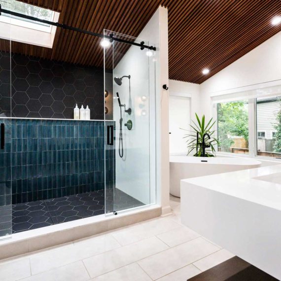 luxury bathroom remodel view of shower and wood ceilings in hinsdale, illinois