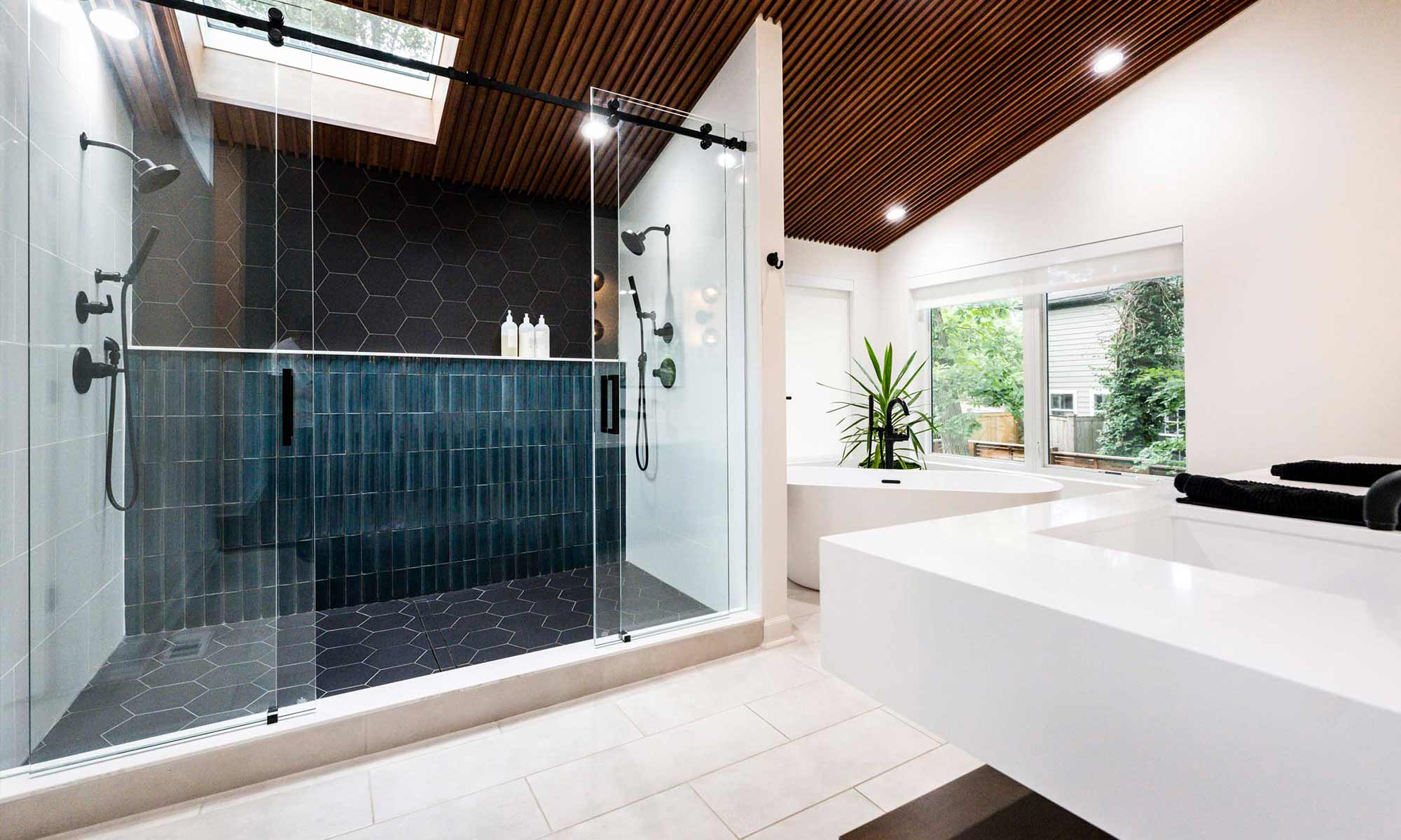 luxury bathroom remodel view of shower and wood ceilings in hinsdale, illinois