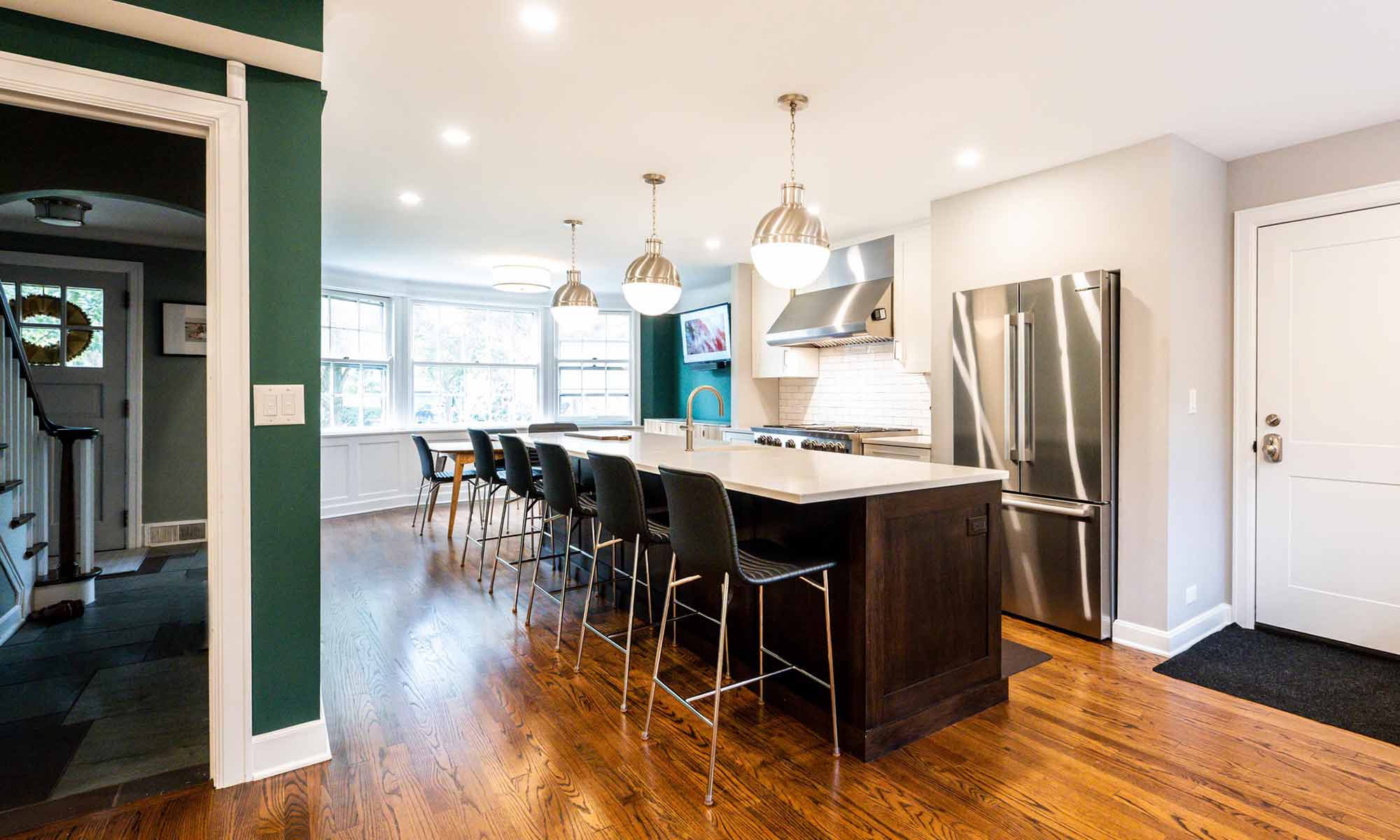 kitchen with dark wood island in luxury riverside illinois remodel