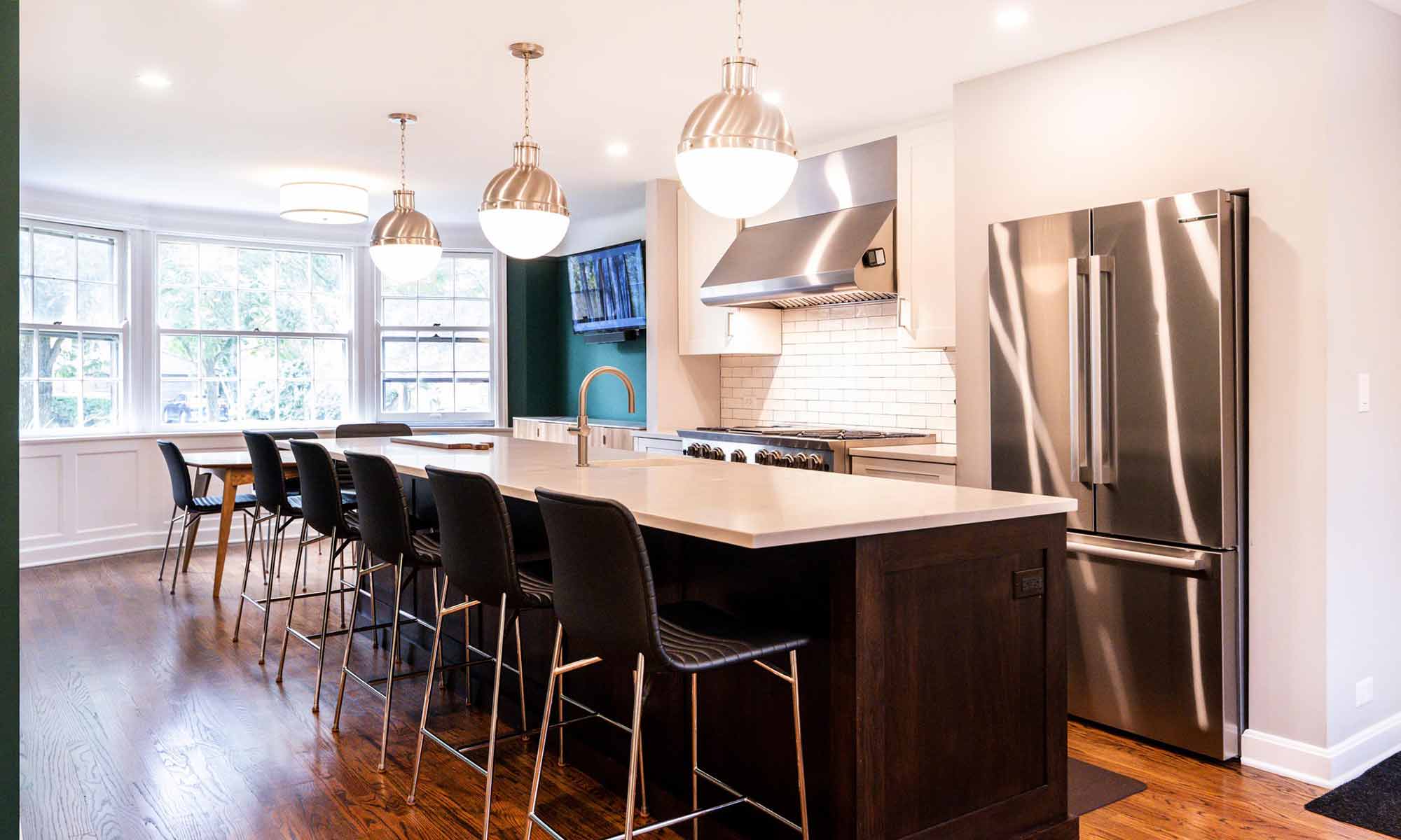 kitchen with dark wood island in luxury riverside illinois remodel