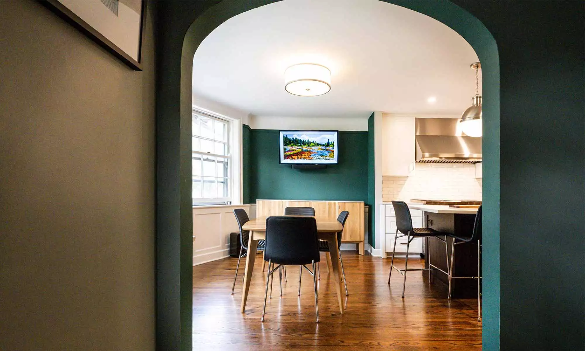 view of breakfast room from hallway in luxury riverside Illinois kitchen remodel