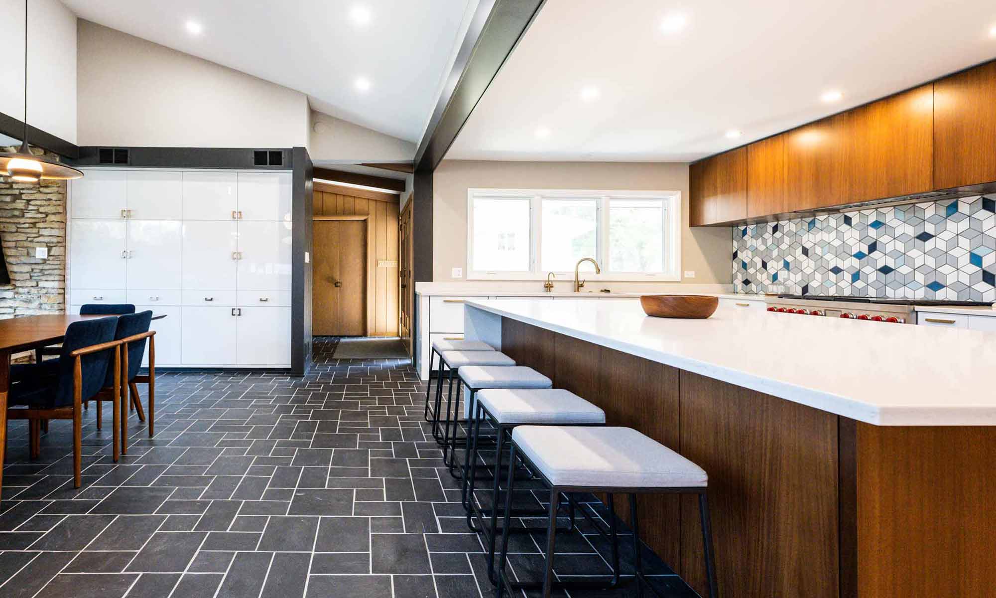 barstools at large walnut kitchen island in LivCo luxury midcentury remodel