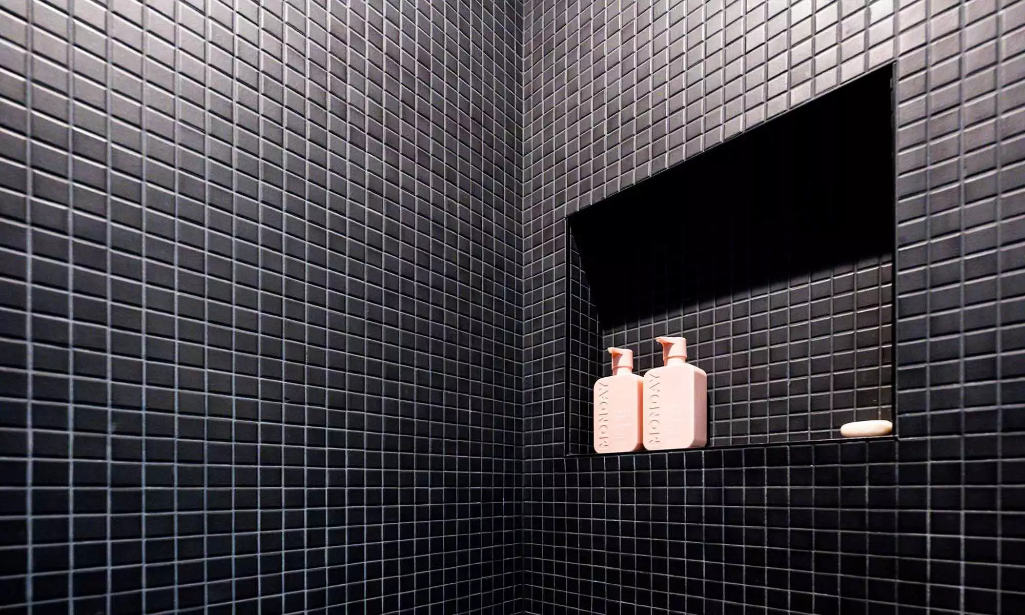 black mosaic shower wall tile in modern riverside, il luxury bathroom remodel