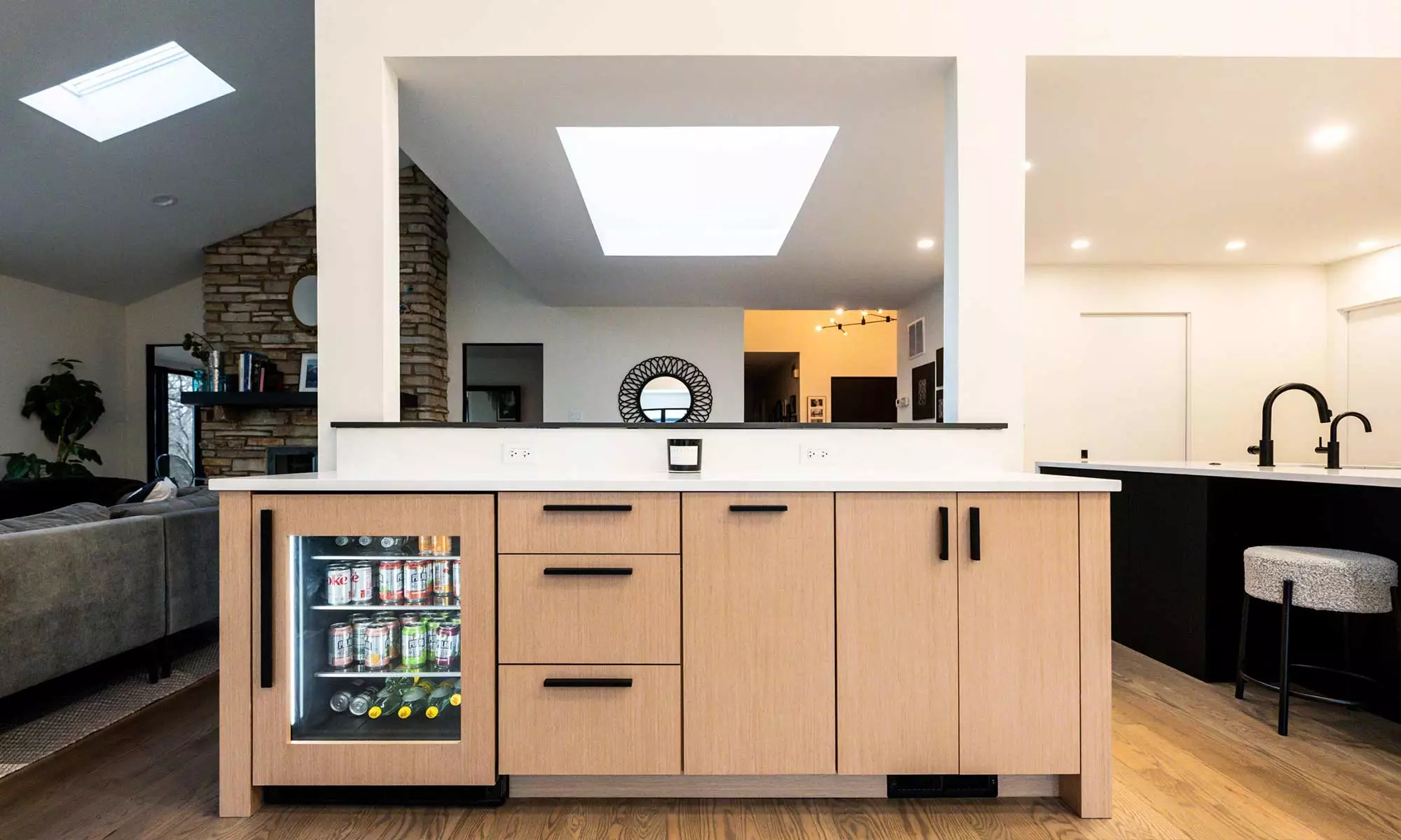 Built-in white oak bar area in luxury modern kitchen remodel in Indian Head Park