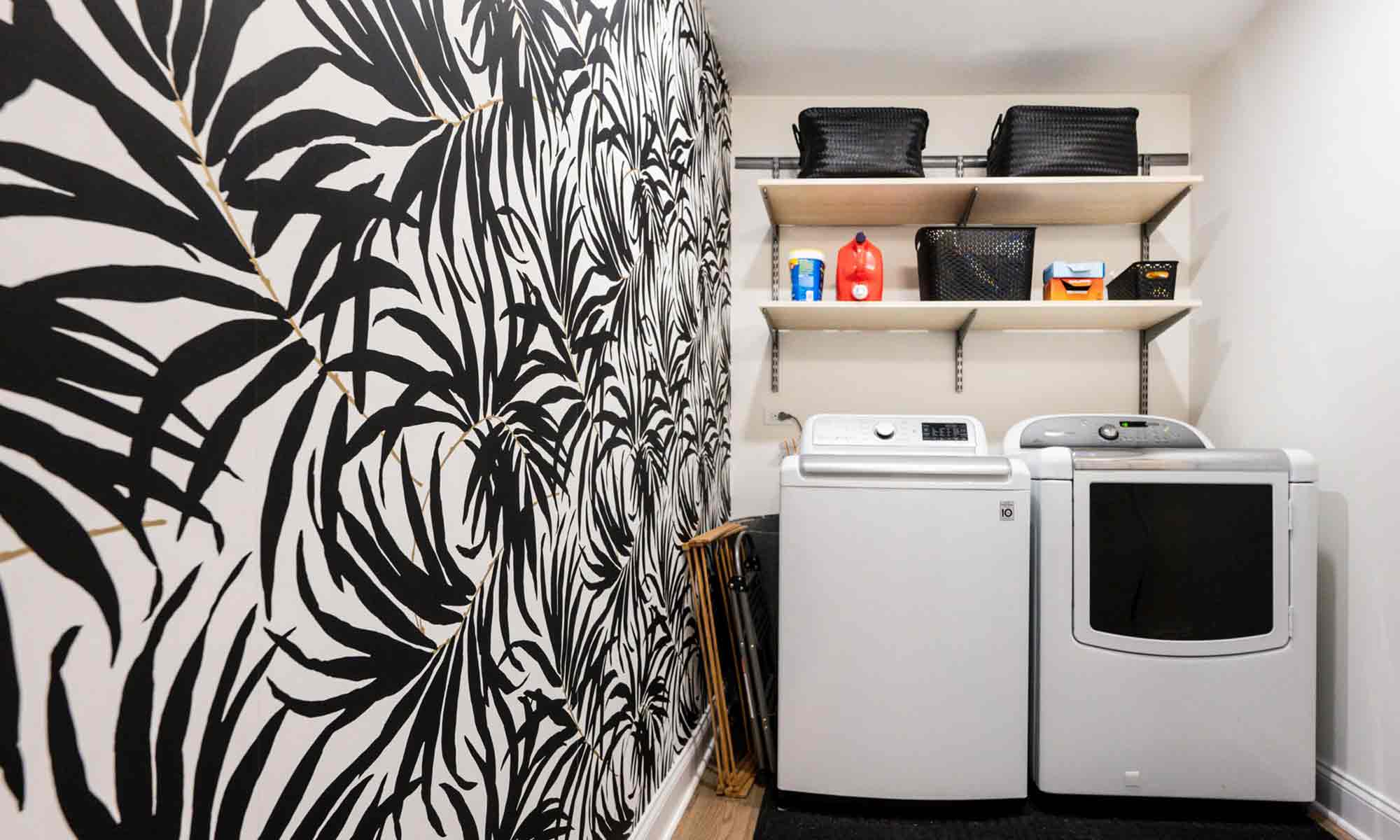 Indian Head Park luxury remodel laundry room with black and white textured wallpaper
