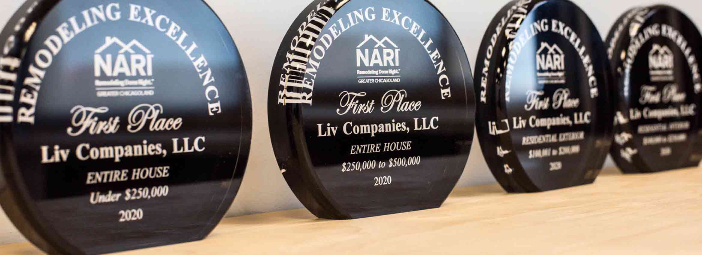 remodeling excellence awards on a shelf won by LivCo