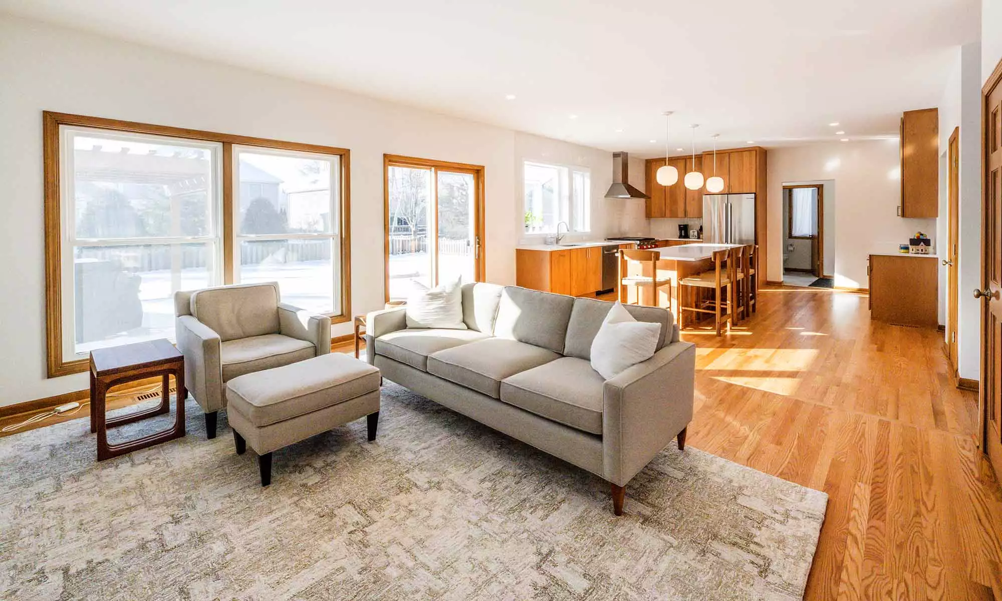 family room open to kitchen in whole house remodel in Wheaton, illinois