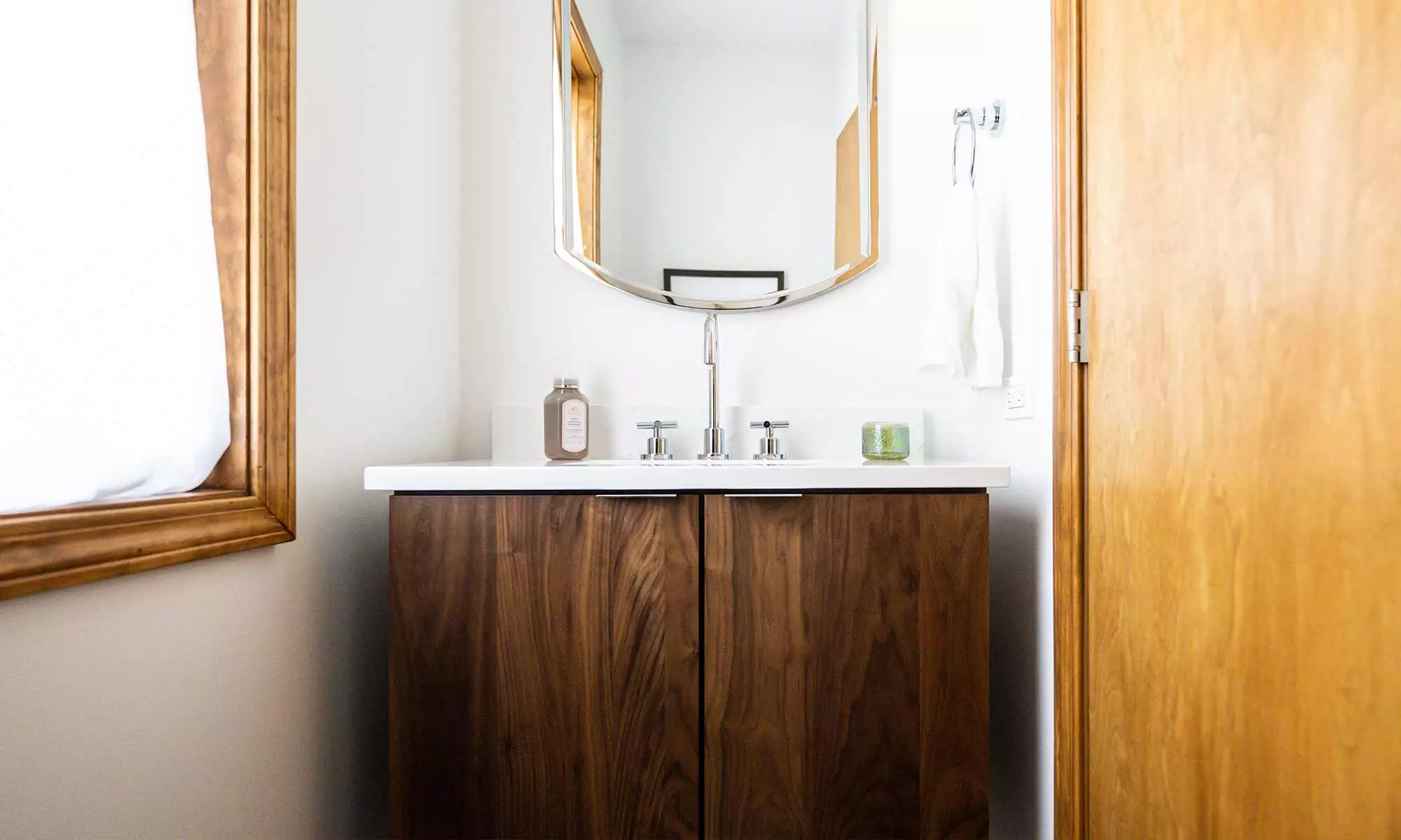 modern bathroom remodel with walnut wood vanity in wheaton illinois