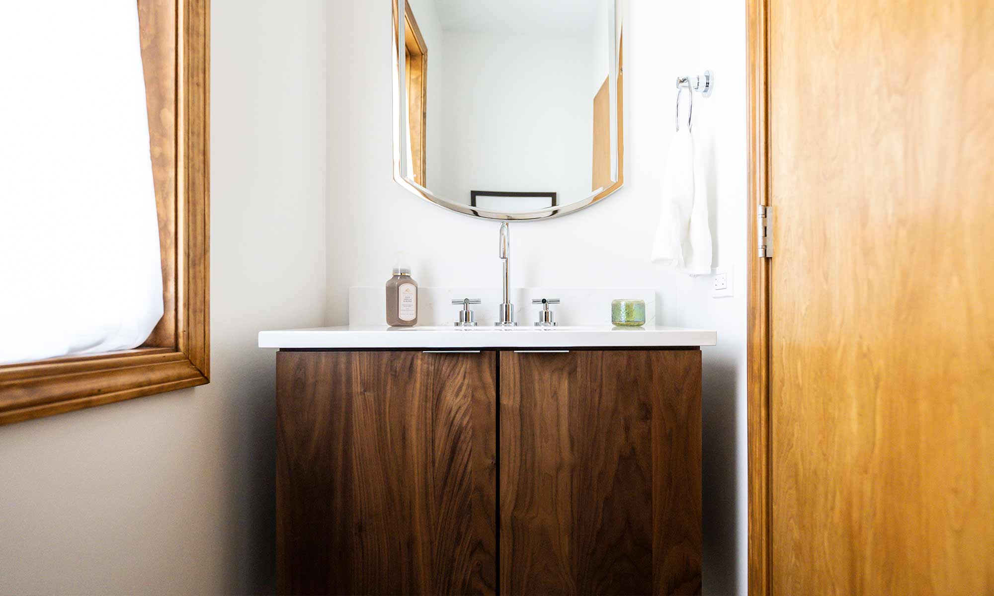 modern bathroom remodel with walnut wood vanity in wheaton illinois