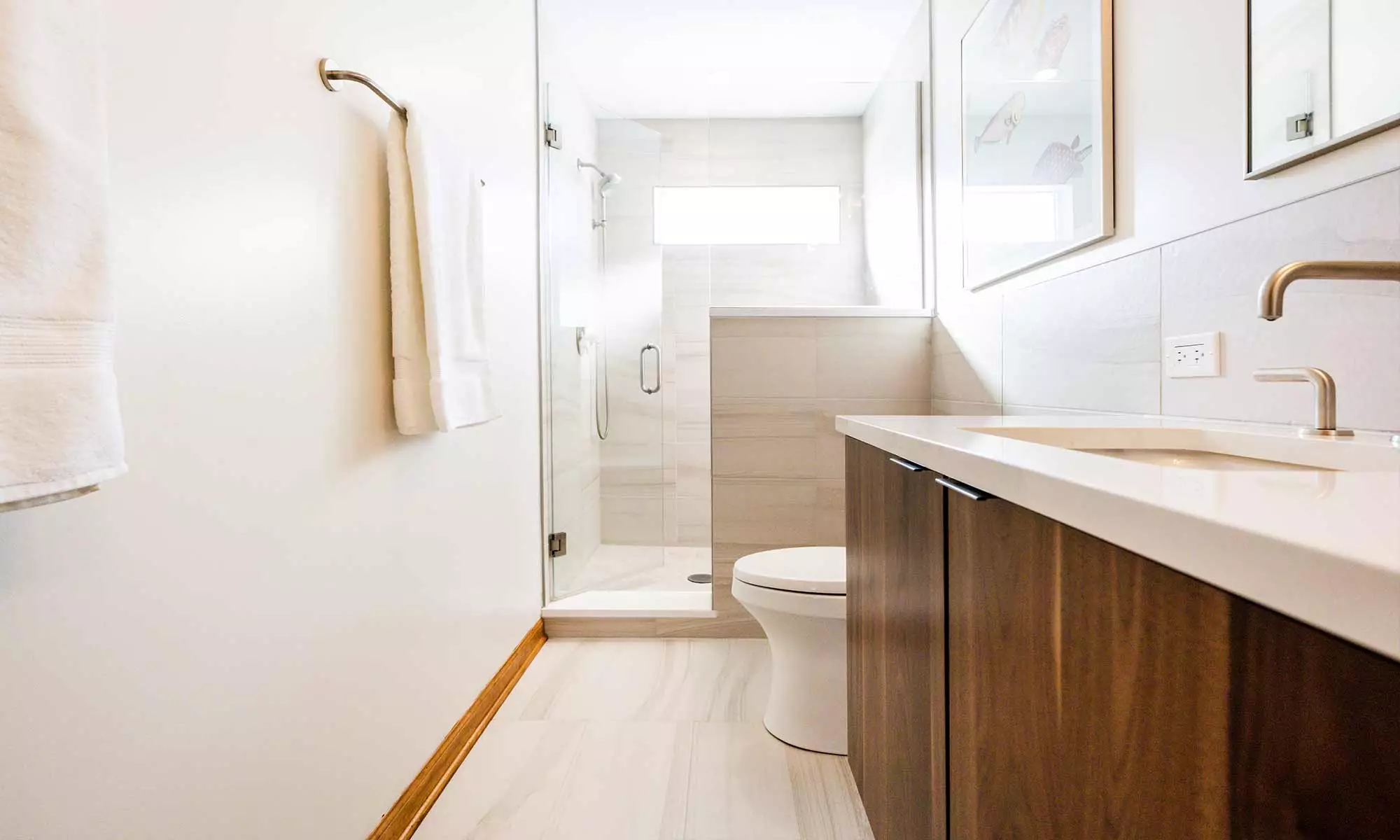 modern bathroom remodel with walnut wood vanity in wheaton illinois