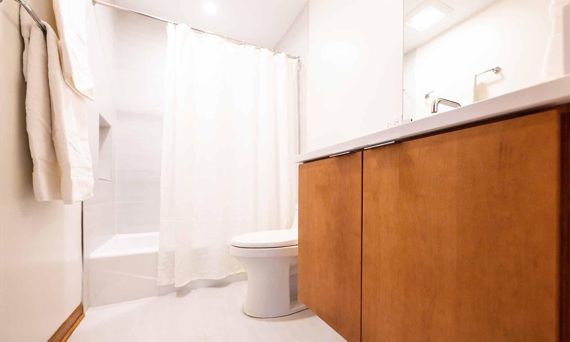 modern bathroom remodel with wood vanity in wheaton illinois