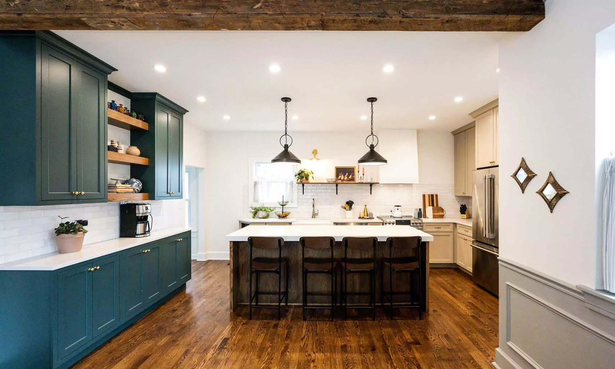 dark wood kitchen island with blue white and beige perimeter cabinetry in la grange park Illinois vintage kitchen remodel