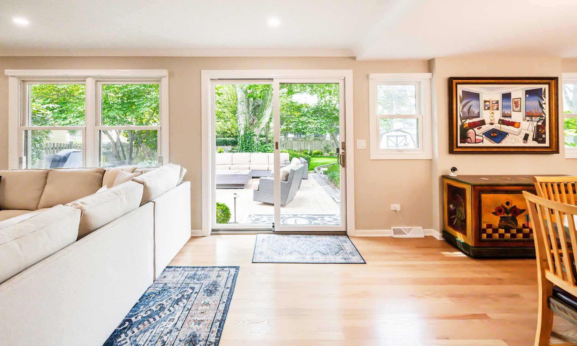A living room with a couch and a fireplace