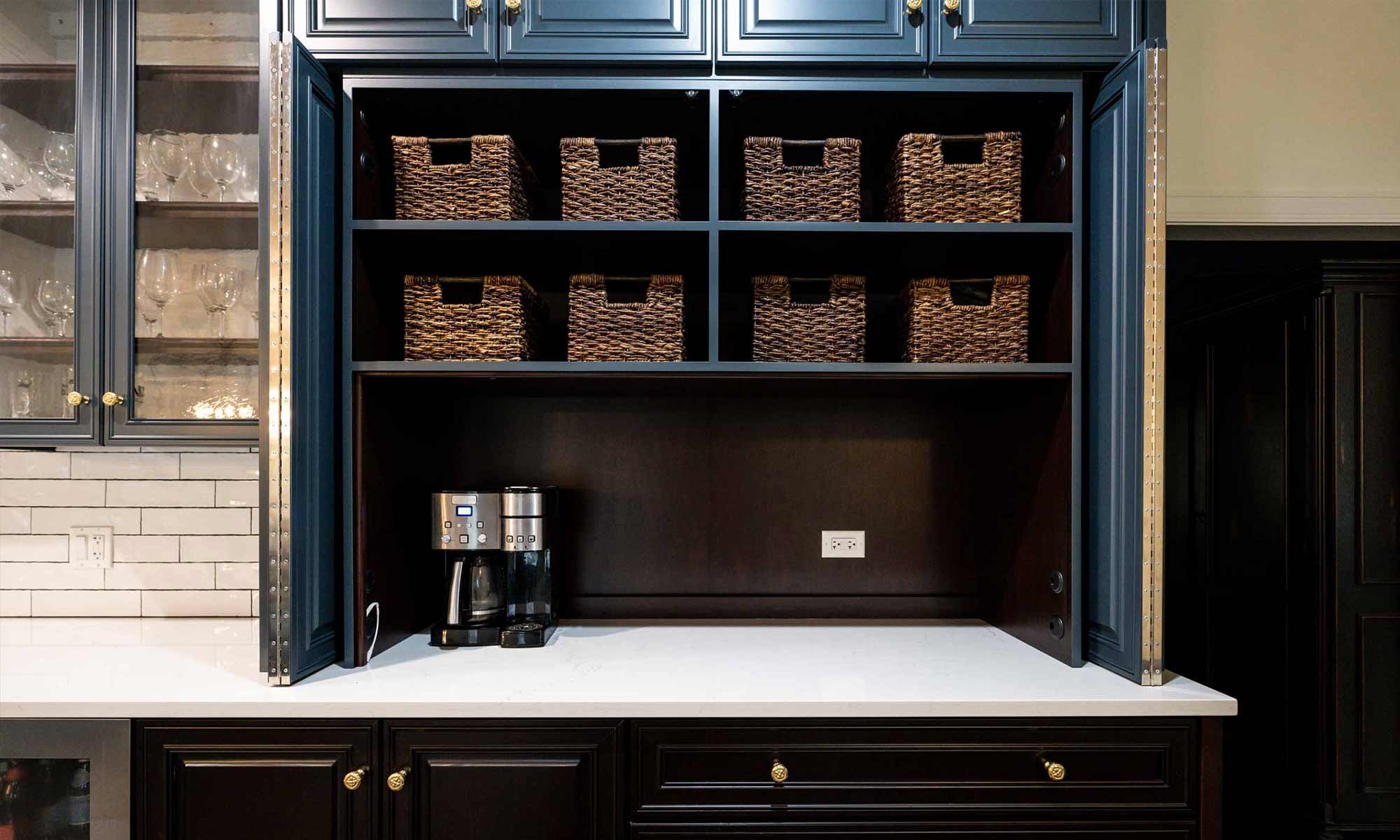 basket kitchen storage with concealed slate blue doors