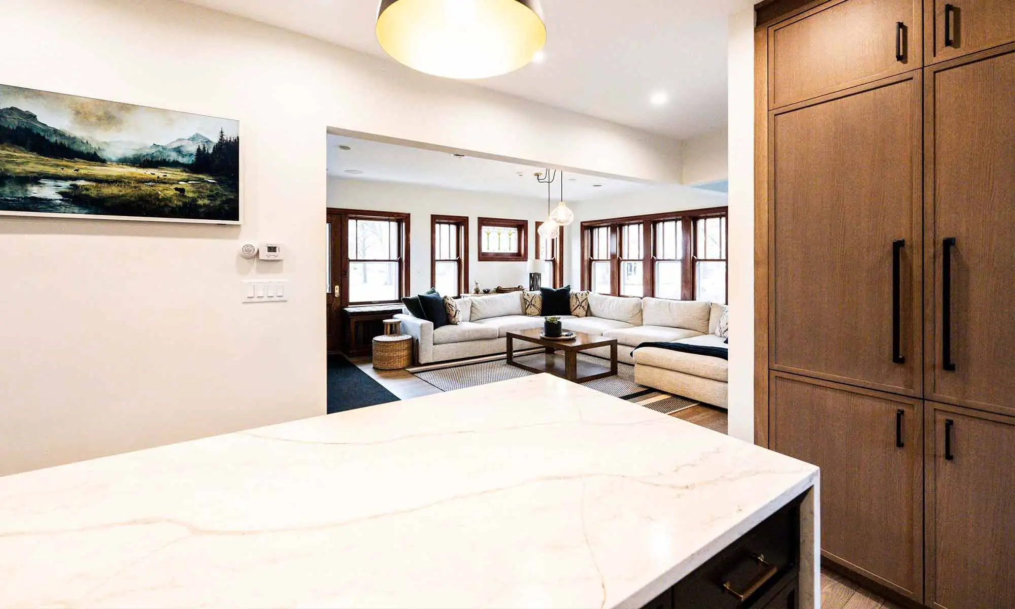 view of family room in open plan from luxury kitchen remodel