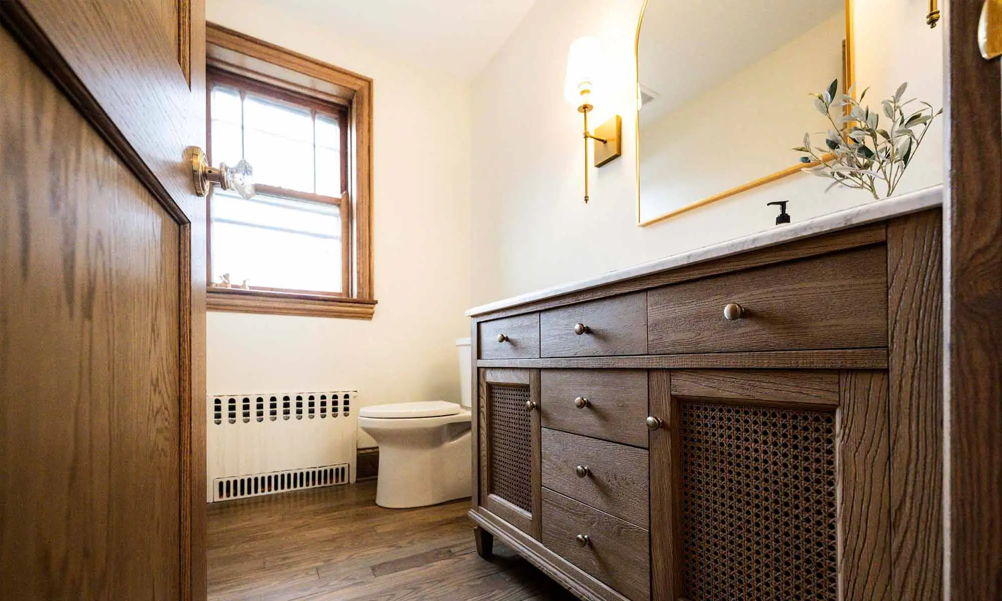 luxury powder room remodel with dark wood vintage furniture vanity